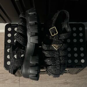 Prada Black Monolith crochet cage sandals. Selling price $600.